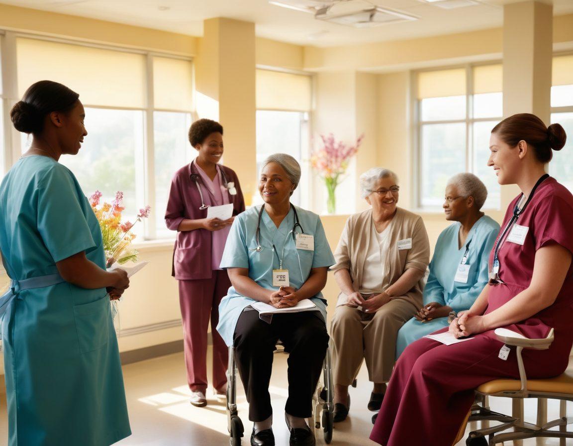 A warm, inviting scene depicting a diverse group of patients and caregivers, engaging in conversation and support in a sunlit hospital setting, with subtle elements of advocacy materials like pamphlets and banners around them. The background features soft, healing colors and symbols of hope, such as ribbons and blooming flowers. super-realistic. vibrant colors. soft focus.