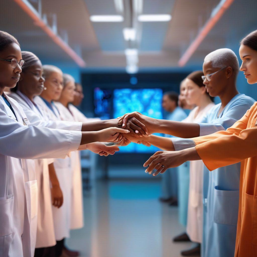 An empowering scene of a diverse group of cancer patients and advocates, holding hands in solidarity. In the background, a large research lab with scientists analyzing data and working on treatments. The foreground features a glowing light symbolizing hope, with connected pathways leading to support resources. Emphasize a sense of unity and strength through vibrant colors, and include elements like ribbons and medical imagery. super-realistic. vibrant colors. warm lighting.