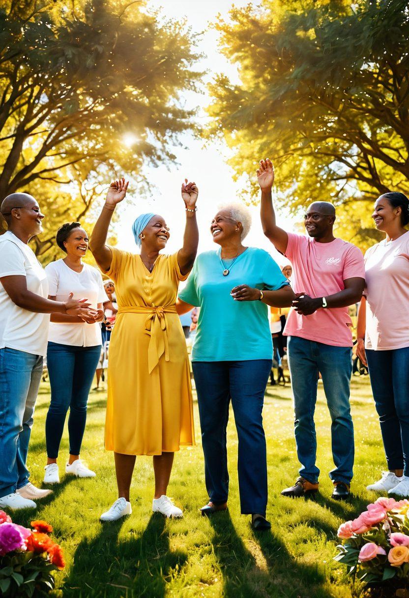 A diverse group of cancer survivors and supporters gathered in a sunlit park, sharing stories and laughter, holding hands in solidarity. Vibrant flowers bloom around them symbolizing hope, while a warm sun shines above, casting a golden glow. In the background, banners of encouragement and unity can be seen. super-realistic. vibrant colors. warm tones.